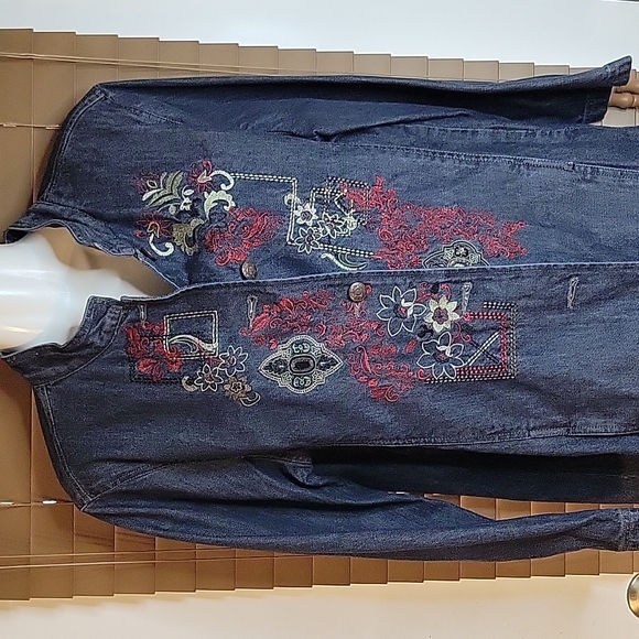 Units Embroidered Long Denim Jacket - Coat Sz L - Picture 1 of 10